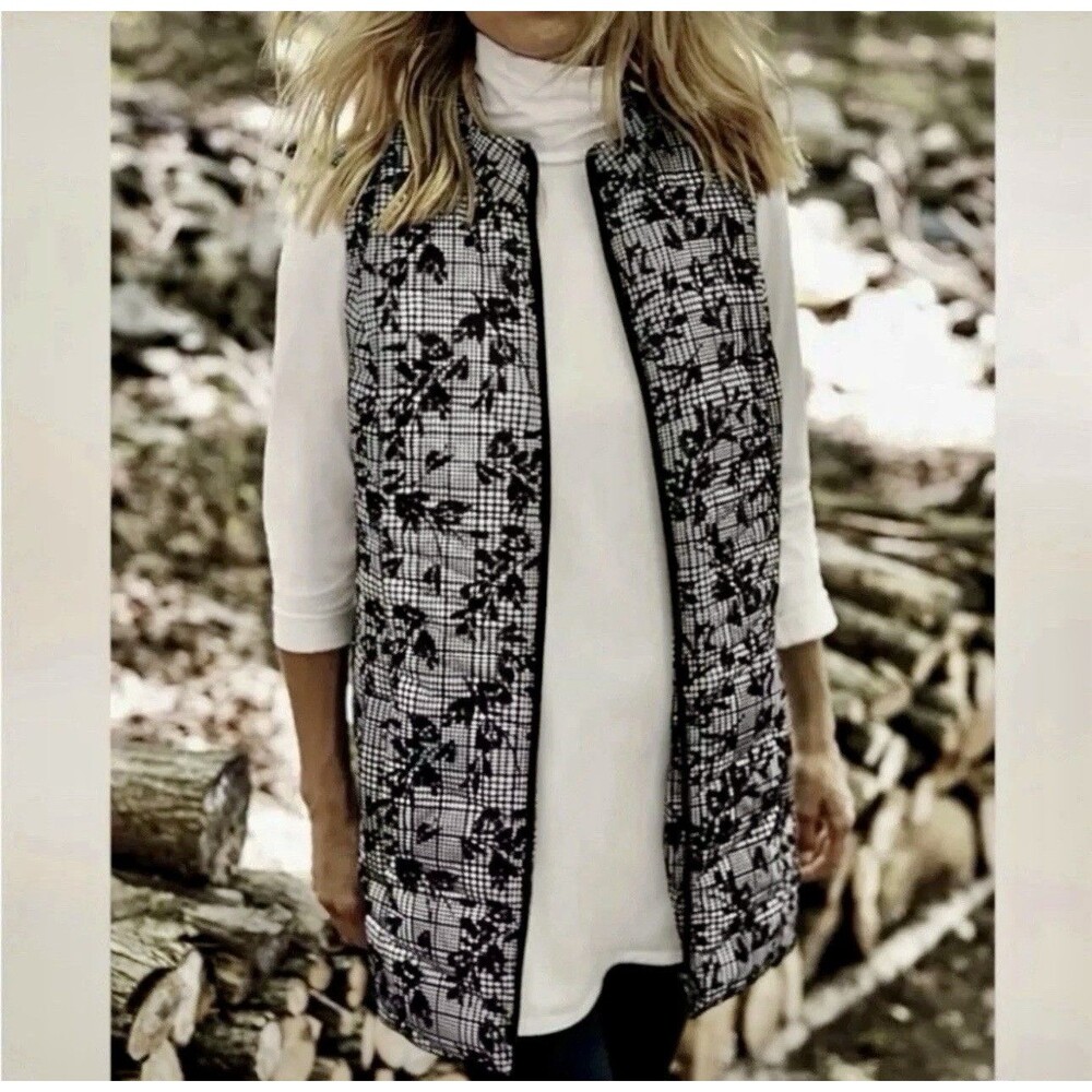 J. Jill Black White Floral Long Line Down Puffer Full Zip Tunic Medium Petite